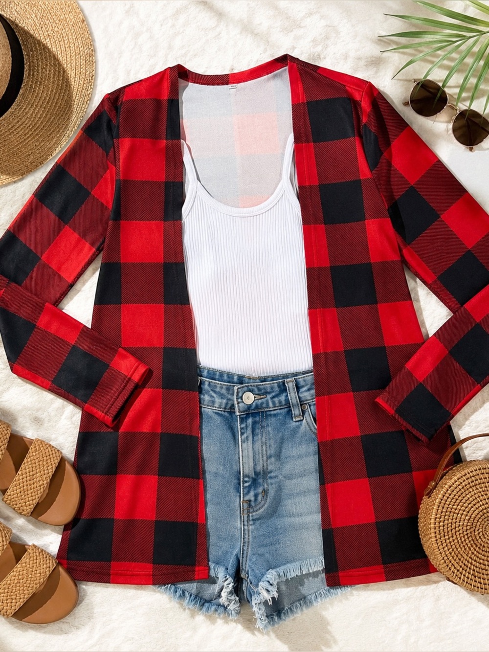 Red & Black‎ Buffalo Plaid Open Cardigan